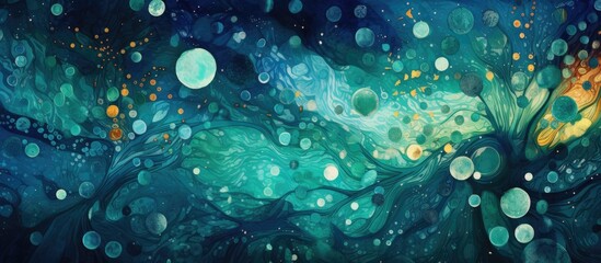 The painting resembles an underwater galaxy with azure and aqua bubbles creating an electric blue font. It depicts an astronomical object in liquid space, blending science and art
