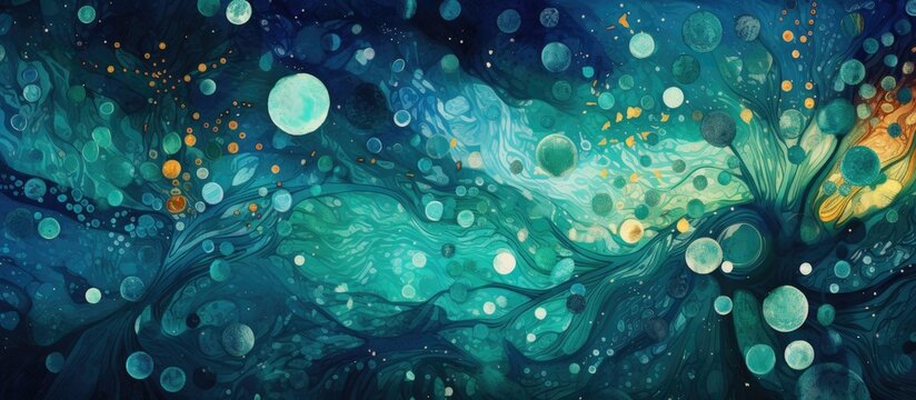The painting resembles an underwater galaxy with azure and aqua bubbles creating an electric blue font. It depicts an astronomical object in liquid space, blending science and art - Powered by Adobe