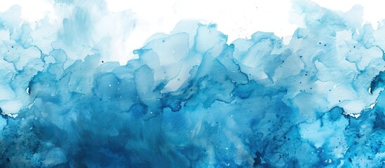 An electric blue watercolor painting capturing a natural landscape with cumulus clouds and water on...