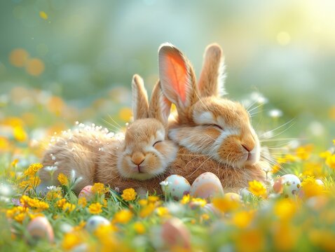 Easter background. Easter Bunnies are sleeping in the grass. High quality photo. Generated by AI