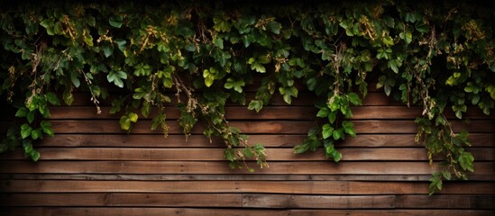 Fototapeta na wymiar A wooden wall adorned with ivy creates a natural landscape. The hardwood surface blends with the greenery, enhancing the beauty of the landscape