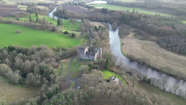 Scenic aerial footage of Doune Castle in Scotland. This 14th-century castle has become popular filming location for movies such as Monty Python and the Holy Grail, Outlander and Game of Thrones 