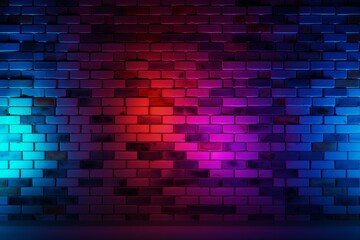 Unconventional Neon blue red brick wall structure. Concrete dark light room. Generate AI