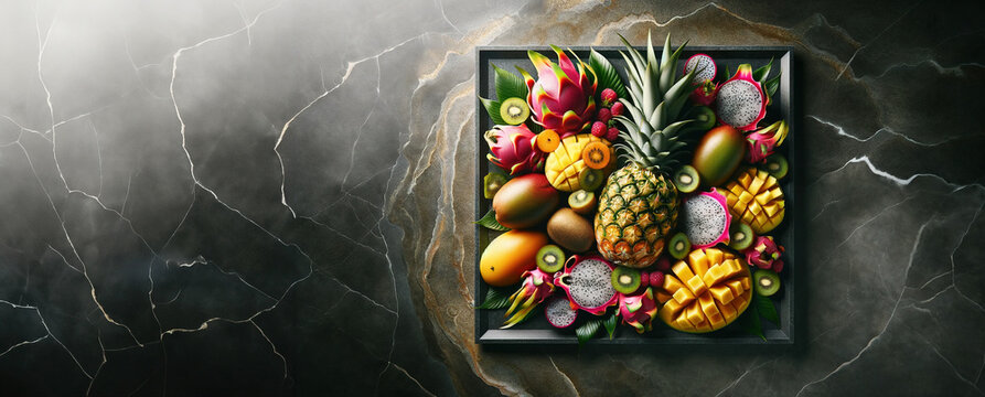 Top view of an exotic fruit arrangement on a luxury stone desk, with ample copy space for adding text