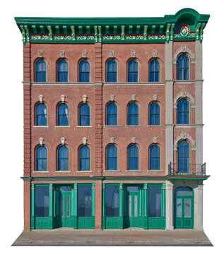 Architectural stylings from the turn of the last century. Four story storefront facade isolated on a transparent background.