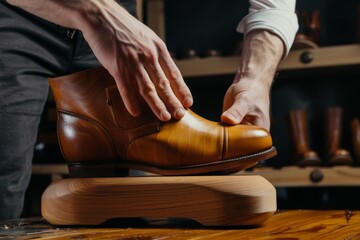 A craftsman's hands carefully polishing a high-quality brown leather shoe on a stand, showcasing the art of shoemaking. Detail-oriented shoe care by a professional cobbler.