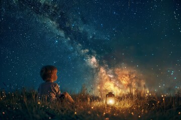 A young boy sitting on grass at night, looking up at a magnificent starry sky with a lantern beside him, creating a scene of wonder and exploration.