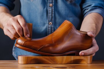 A close-up image of a person's hands elegantly finishing the placement of a high-quality brown leather shoe on a wooden stand.