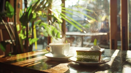 Sunlit café scene with a steaming cup of coffee and a piece of green matcha cake topped with cream and a mint leaf on a wooden table