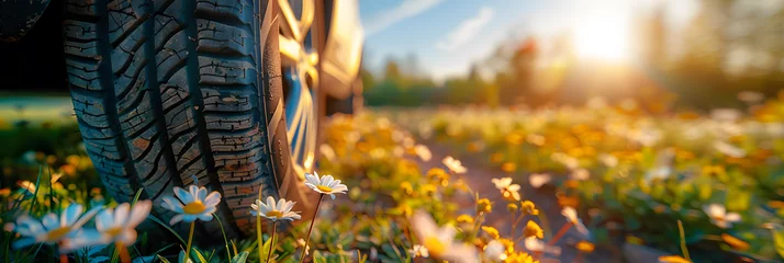 Papier Peint photo Lavable Poney summer tires in the blooming spring in the sun - time for summer tires