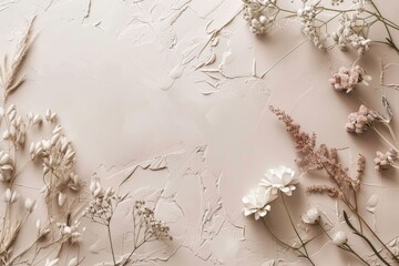 Obraz na płótnie Canvas Boho style background with neutral pastel color style and natural floral elements. Aesthetic minimalism design for social media content. Simple beige chic elements. Calming and serene atmosphere