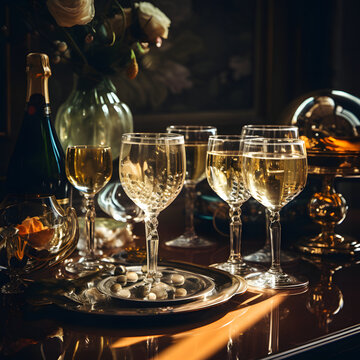 A retro set table for an party of drinking glasses and champagne bottle. Sharp shadow, vintage concept. Vintage scene.	