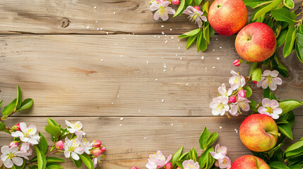 spring background. fruit flowers on wooden table