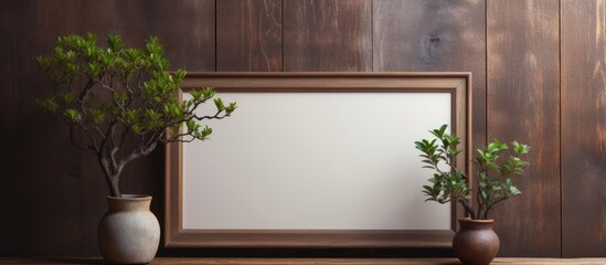 A wooden table displaying a picture frame with two vases of houseplants. The plants are in flowerpots and surrounded by twigs and grass. The setting is near a window, with tints and shades of green