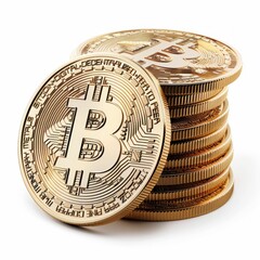 Stacked Golden Bitcoin Coins Isolated on White. Generative ai