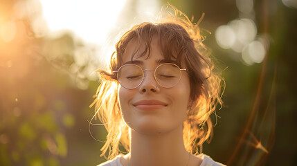 A young woman with glasses smiling gently her eyes closed with soft warm lighting and a blurred background that suggests a peaceful outdoor setting.