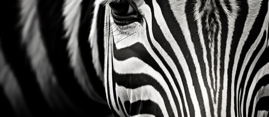 Naklejka premium A close up of a zebras eye, neck, and snout featuring intricate blackandwhite striped pattern. The monochrome photography highlights the zebras liquid eyes and long eyelashes