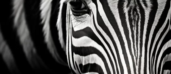 Poster A close up of a zebras eye, neck, and snout featuring intricate blackandwhite striped pattern. The monochrome photography highlights the zebras liquid eyes and long eyelashes © 2rogan