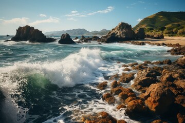 Water waves crash on beach rocks, under sky, in natural fluid landscape