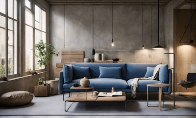 Modern Living Room Featuring a Sapphire Blue Sofa and Round Coffee Table, Interior design of modern living room