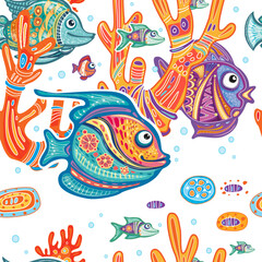 Seamless Pattern with Decorative fishes and Corals - 761840030