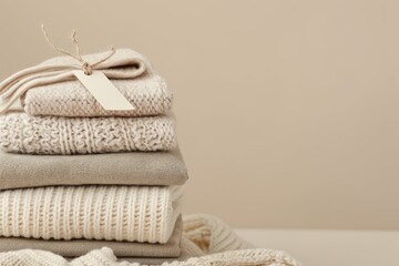 Cashmere clothes with label and tag on beige background along with merino wool and organic baby...