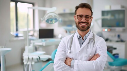Smiling male middle-aged dentist over medical office background with copy space. Healthcare, profession, stomatology, and medicine concept