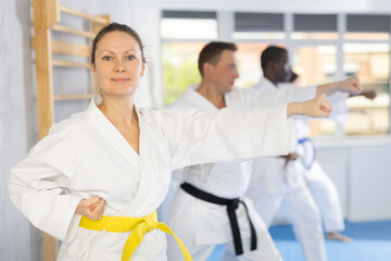 In gym, certified master coach conducts karate kata lesson with multinational students group and...