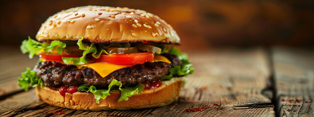 A close-up shot capturing a homemade beef burger arranged on a rustic wooden table. - obrazy, fototapety, plakaty