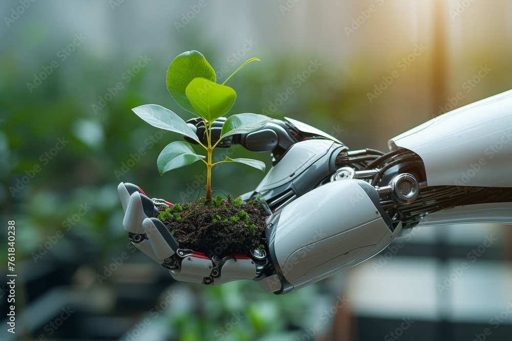 Poster a robot hand works on a modern farm. background with selective focus and copy space