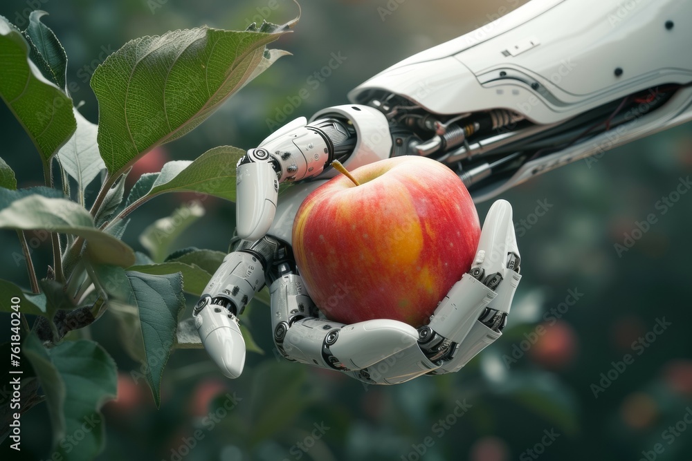 Poster a robot hand works on a modern farm. background with selective focus and copy space