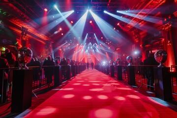 A red carpet with a crowd of people walking down it
