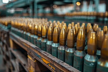 A row of green and gold bullets are lined up on a wooden shelf