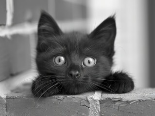 Black and white photo of an adorable kitten perched on the top bar of a wooden fence, with its eyes sparkling in soft focus - obrazy, fototapety, plakaty