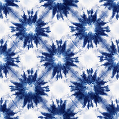 Seamless pattern, abstract tie dyed fabric of indigo color on white cotton. Hand painted fabrics. Shibori dyeing