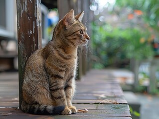 tabby cat is sitting on the ground, looking up at something in front of it. The background features an old brick wall and green plants