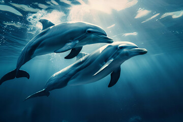 Two dolphins swimming underwater with sunlight above