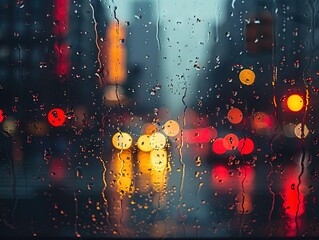 raindrops on the window, with blurred city lights in the background, creates an atmosphere of melancholy and nostalgia