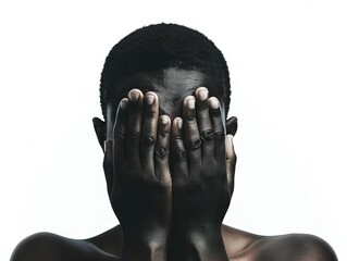 Fototapeta premium Afro american man sitting with his head bowed, covering his face with his hands, expressing distress or deep emotion. His body language suggests vulnerability and a need for privacy