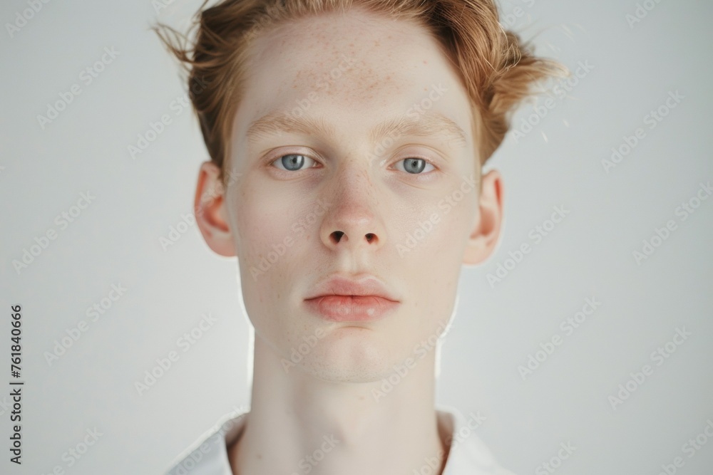 Poster non-binary person with a beard and red hair is standing in front of a white background