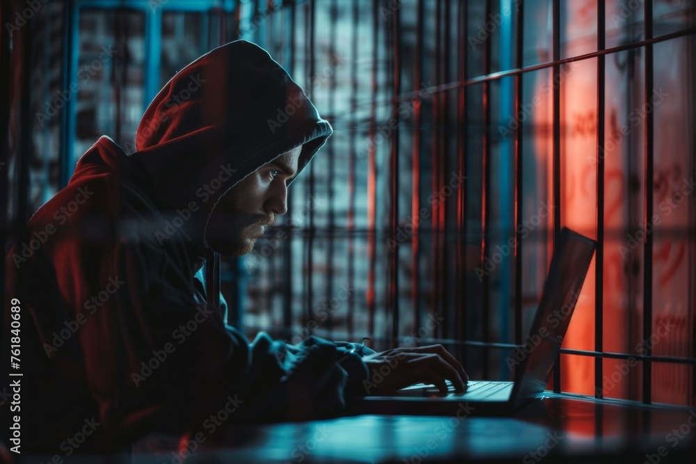 Poster a man is sitting at a table with a laptop in front of him. prisoner hacker in prison