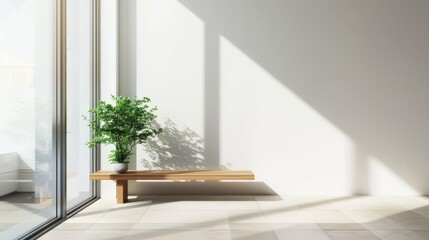 Sleek Entryway Featuring Tall Windows and Wooden Bench AI Generated.