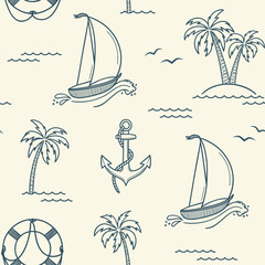 Seamless pattern with sailing boat, anchor, lifebuoy and palm trees