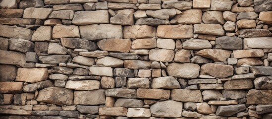 The close up showcases a stone wall featuring a mix of rocks like brick, cobblestone, and composite...
