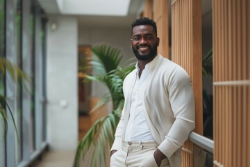 A man in a white shirt and khaki pants is smiling and posing for a picture - obrazy, fototapety, plakaty