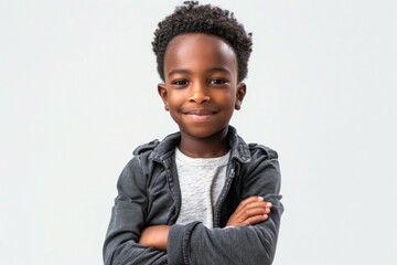 A young black boy with a black afro is smiling and wearing a black jacket