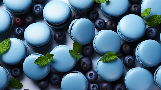 Macarons on the table. Delicious french desserts. Macaroons with blueberries and delicious cream. Generative AI