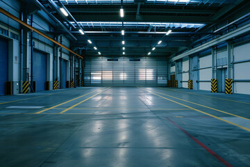 Empty industrial warehouse interior with bright lights