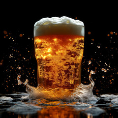A glass of cold fresh beer with cap of foam. Splash of foam with tasty american beer. Beer day - obrazy, fototapety, plakaty