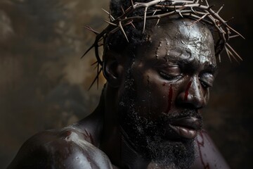 A man with a crown of thorns on his head and blood on his face